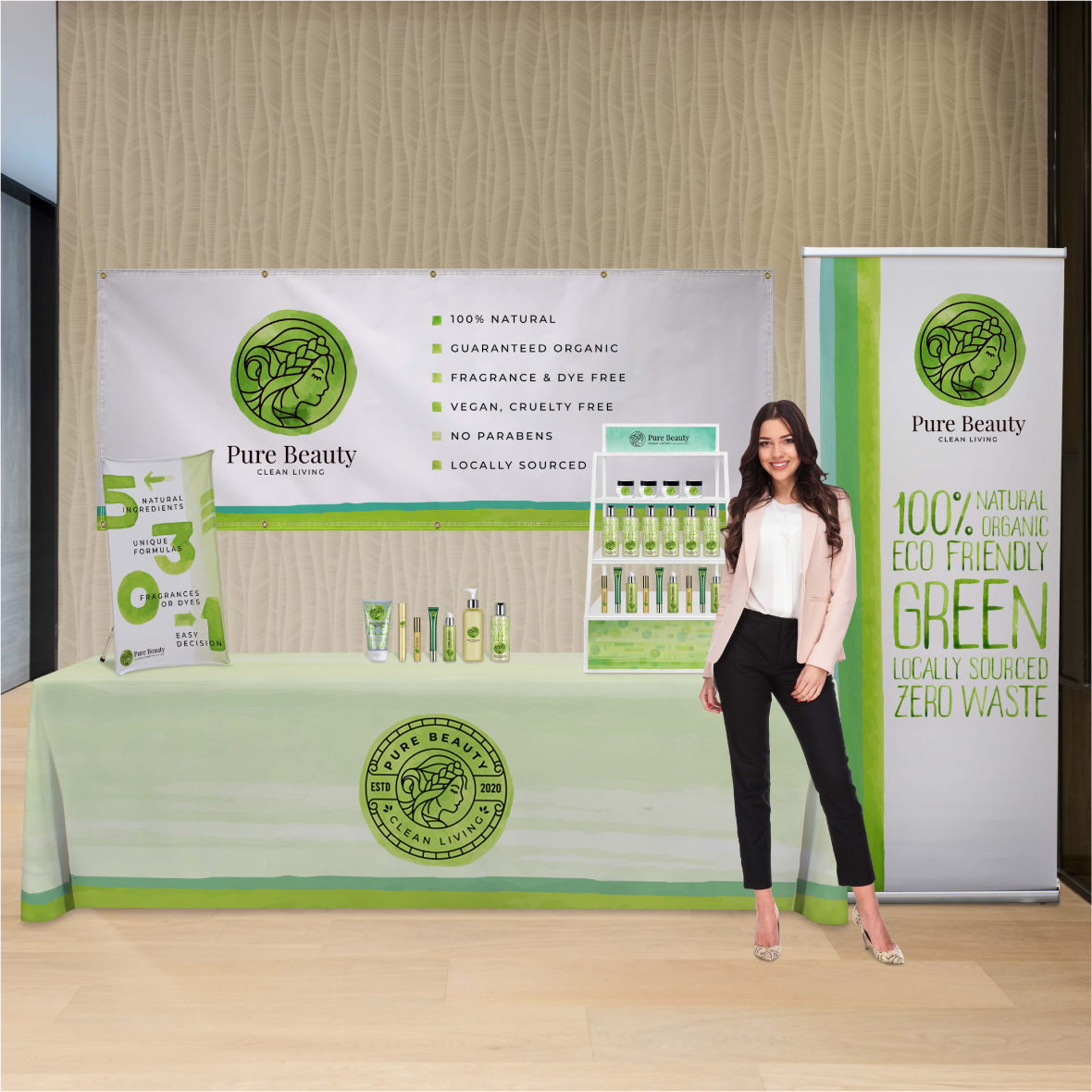 Full trade show display featuring an 8-foot custom table throw and matching green backdrop banner.