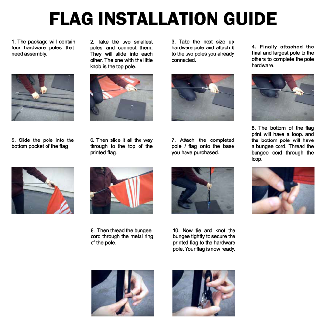 Step-by-step assembly and installation instructions for custom advertising feather flag poles and banners.