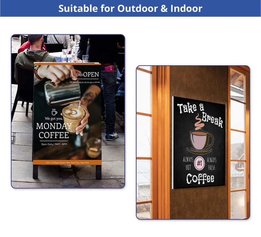A two-panel layout showcasing a custom printed PVC sign used outdoors in an A-frame holder and indoors mounted to a wood wall.