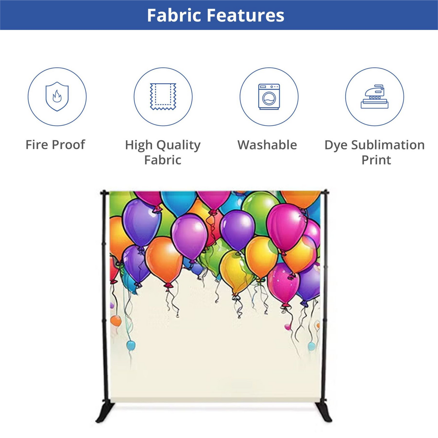 A colorful balloon design custom backdrop banner displaying fabric product features such as wrinkle resistance, washability, and high-quality dye-sublimation printing.
