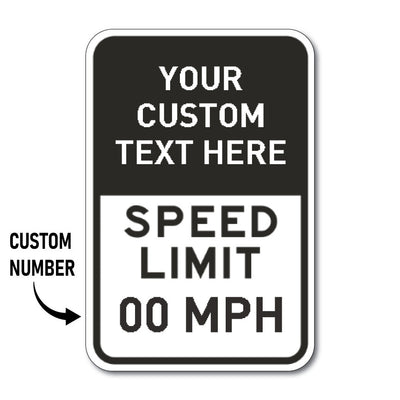 Custom black and white Speed Limit sign template with placeholders for a custom message and speed limit number.