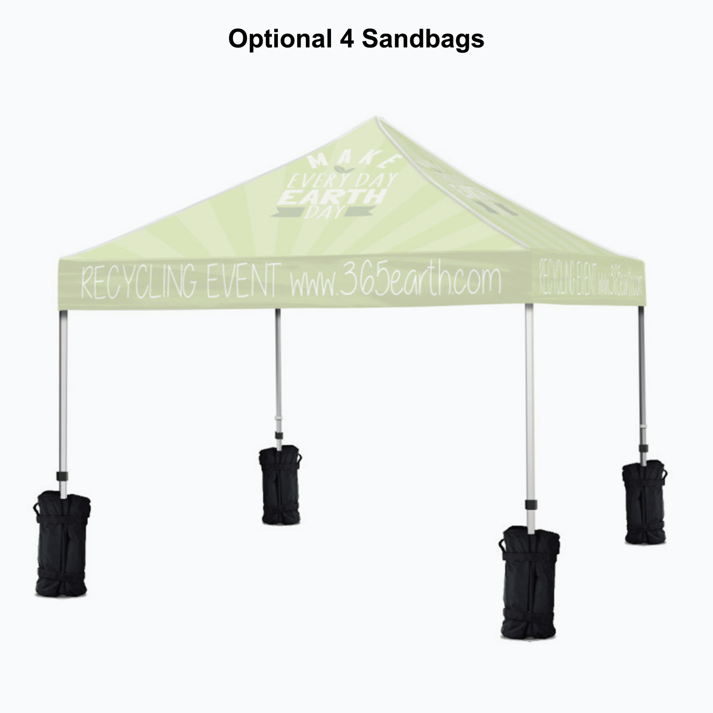 A pop-up canopy tent with a pale green and white sunburst design, featuring the text 'RECYCLING EVENT www.365earth.
