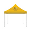 A yellow pop-up canopy tent with silver metal legs, featuring a printed logo and the text 'BUZZING BEES' on the front peak, shown against a plain white background.