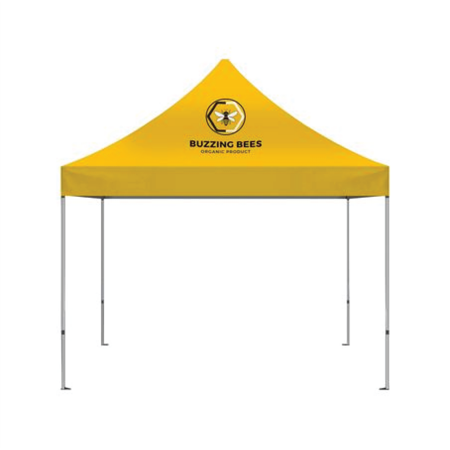 A yellow pop-up canopy tent with silver metal legs, featuring a printed logo and the text 'BUZZING BEES' on the front peak, shown against a plain white background.