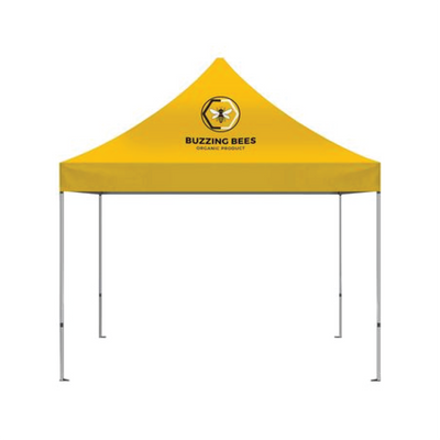 A yellow pop-up canopy tent with silver metal legs, featuring a printed logo and the text 'BUZZING BEES' on the front peak, shown against a plain white background.