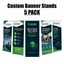 Five custom blue and green corporate X-banner stands featuring Nexora Solutions business marketing graphics.