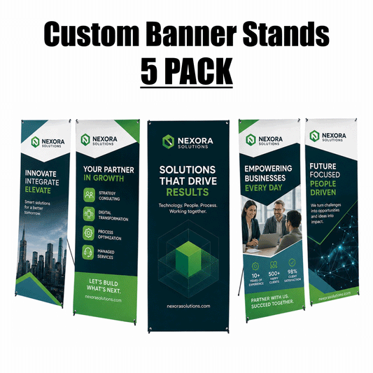 Five custom blue and green corporate X-banner stands featuring Nexora Solutions business marketing graphics.