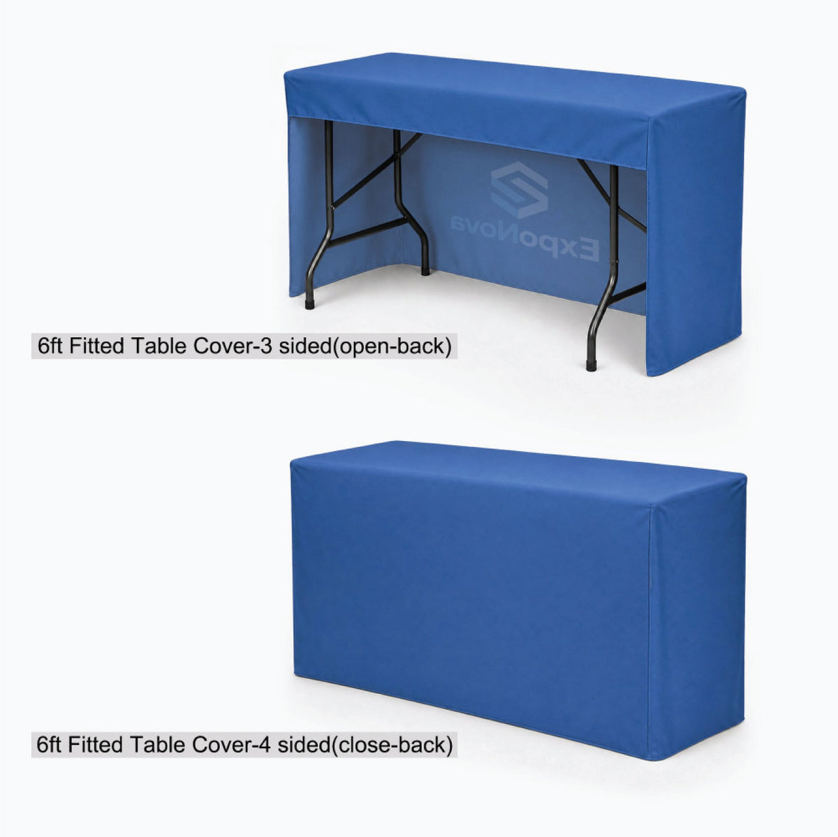 Two blue fitted table covers shown on a light gray background, labeled '6ft Fitted Table Cover-3 sided(open-back)' and '6ft Fitted Table Cover-4(sided-close-back)'. The top cover is shown open with a table inside, and the bottom cover is shown closed on a table.