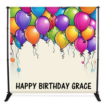 Backdrop with colorful balloons and 'Happy Birthday’ text