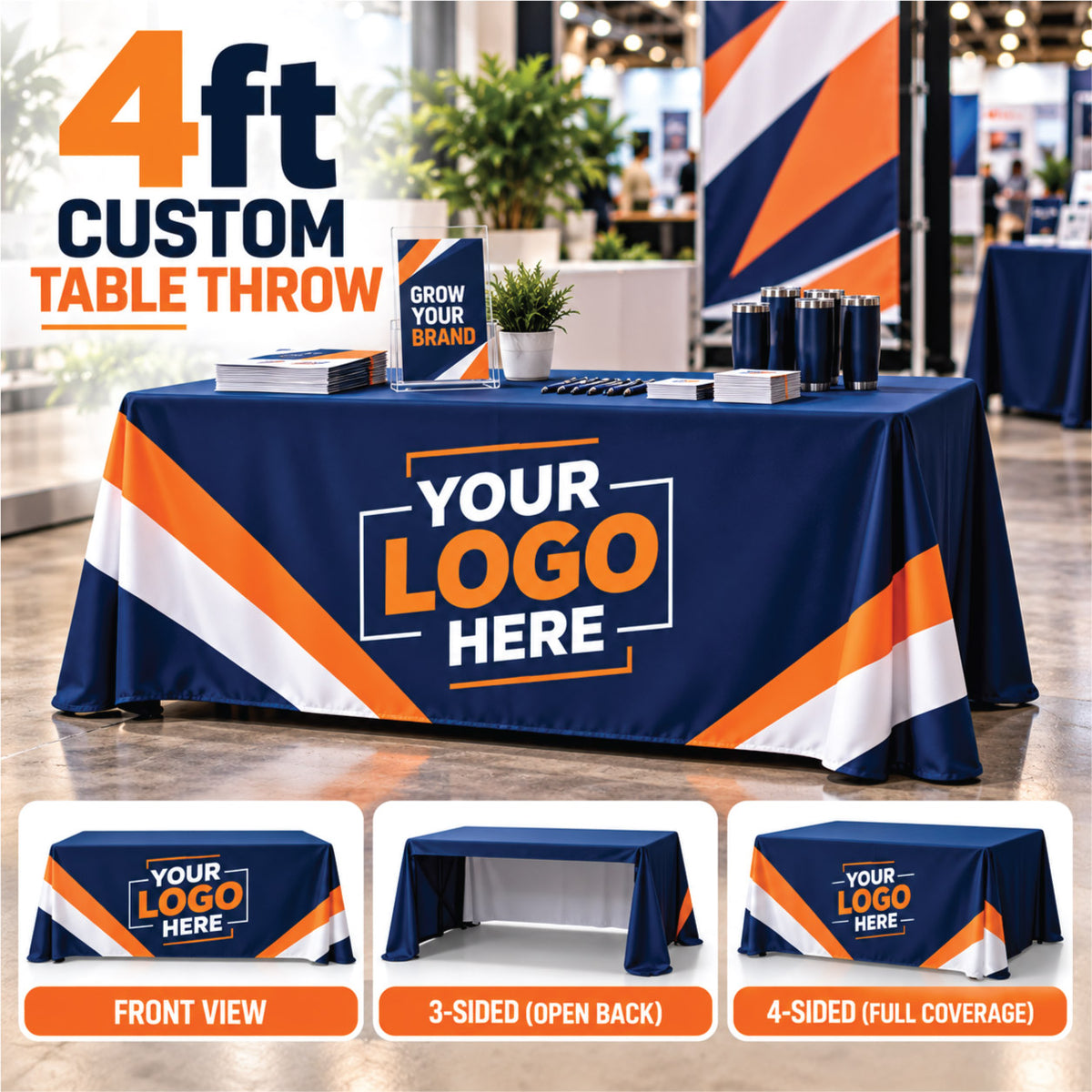 Front view of a custom-printed 4-foot table throw with a bold company logo, displayed at a trade show booth.