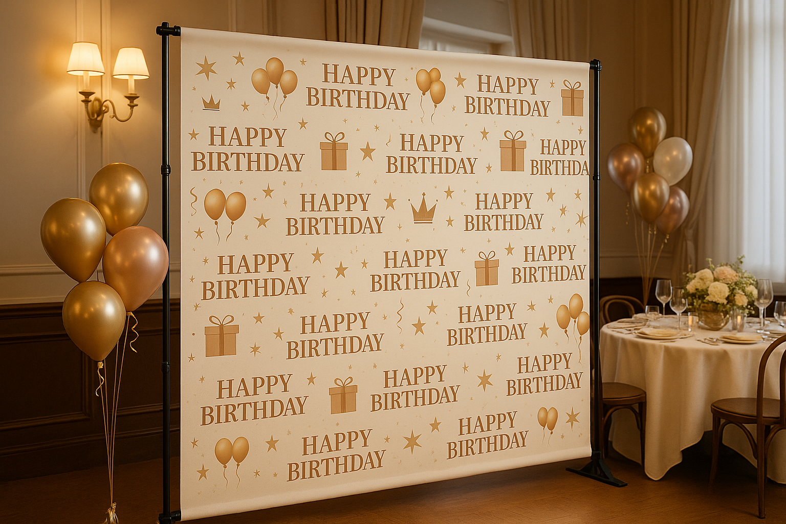 Birthday-themed backdrop with balloons and a table setup in a room.