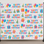 Birthday-themed backdrop with colorful text and graphics on a white background