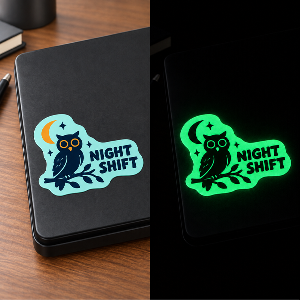 A split-screen product photo showing a black rectangular item with a die-cut sticker that reads “NIGHT SHIFT” and features an owl, moon, and stars. The left side shows the sticker applied to the black item on a wooden desk in normal light, while the right side shows the same black item glowing bright green in the dark with the sticker still clearly visible.
