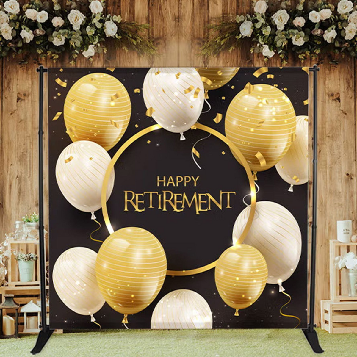 Decorative backdrop with 'Happy Retirement' text and balloons in a celebratory setting.