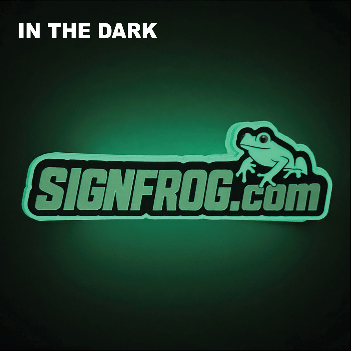 A glowing green and black SIGNFROG.com frog sign centered on a dark background, with the text 'IN THE DARK' in white at the top left.