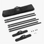 Product display showing the complete unassembled backdrop stand kit, including telescopic poles, heavy-duty base plates, screw hardware, and a black nylon carrying bag.⁠