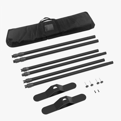 Product display showing the complete unassembled backdrop stand kit, including telescopic poles, heavy-duty base plates, screw hardware, and a black nylon carrying bag.⁠