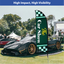 High-visibility green and checkered feather banner flag displayed next to a sports car at an outdoor automotive event.⁠
