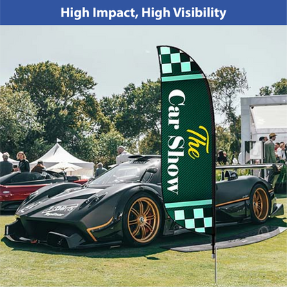 High-visibility green and checkered feather banner flag displayed next to a sports car at an outdoor automotive event.⁠