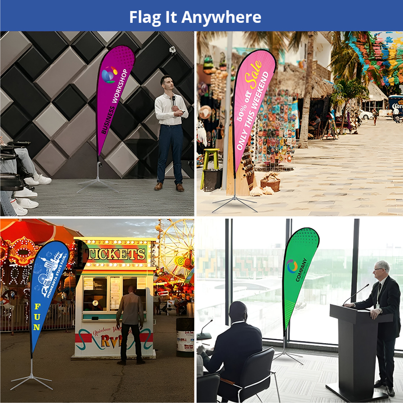 Four-panel photo collage displaying various colorful promotional teardrop flags used at events, trade shows, and outdoors.⁠