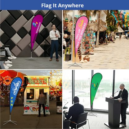 Four-panel photo collage displaying various colorful promotional teardrop flags used at events, trade shows, and outdoors.⁠