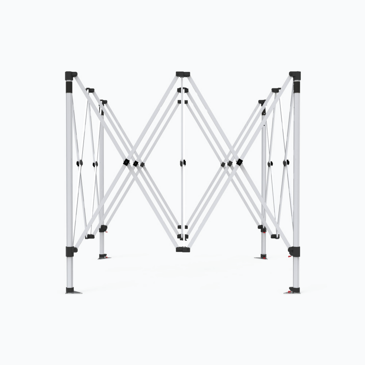 A silver aluminum expandable outdoor canopy frame with black plastic connectors and feet, shown on a plain white background.