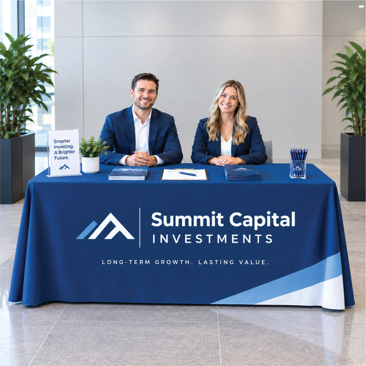 Custom blue table throw with the Summit Capital Investments logo displayed at a corporate event setup with business professionals.