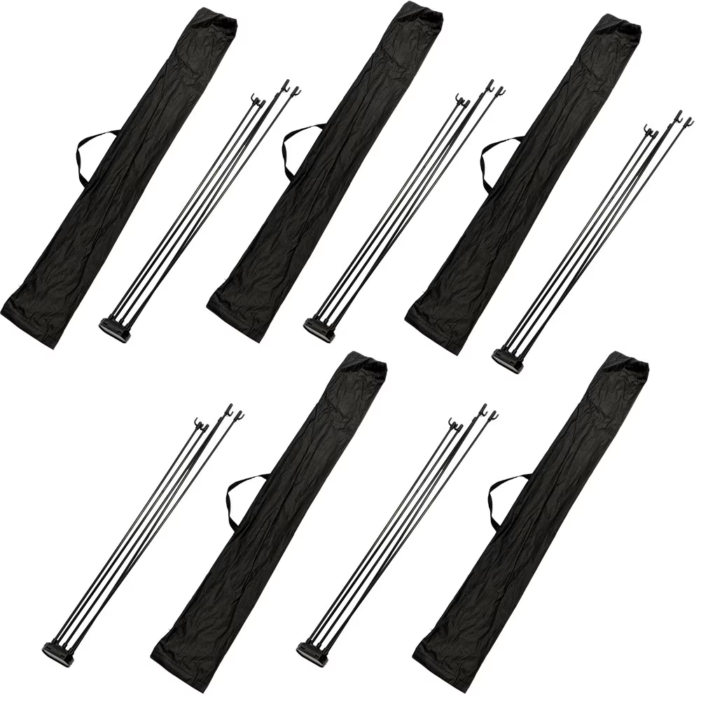 Five unassembled X-banner stand hardware kits neatly packed inside individual black nylon travel carrying bags.⁠