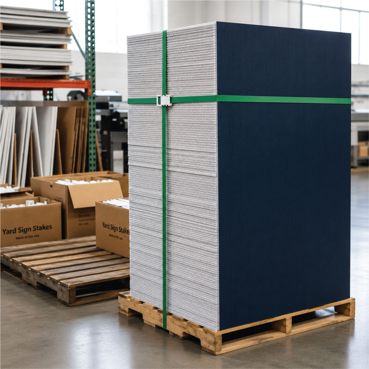 A large stack of white textured yard sign stakes wrapped vertically with a green strap, standing on a wooden pallet in a warehouse setting. Cardboard boxes labeled 'Yard Sign Stakes' are visible in the background on pallets.