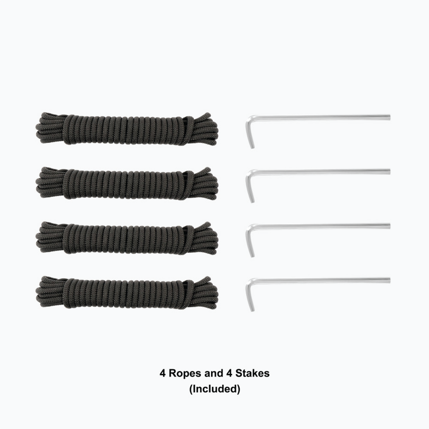 Four black paracord ropes and four silver metal stakes arranged vertically on a white background, with the text '4 Ropes and 4 Stakes (Included)' below.