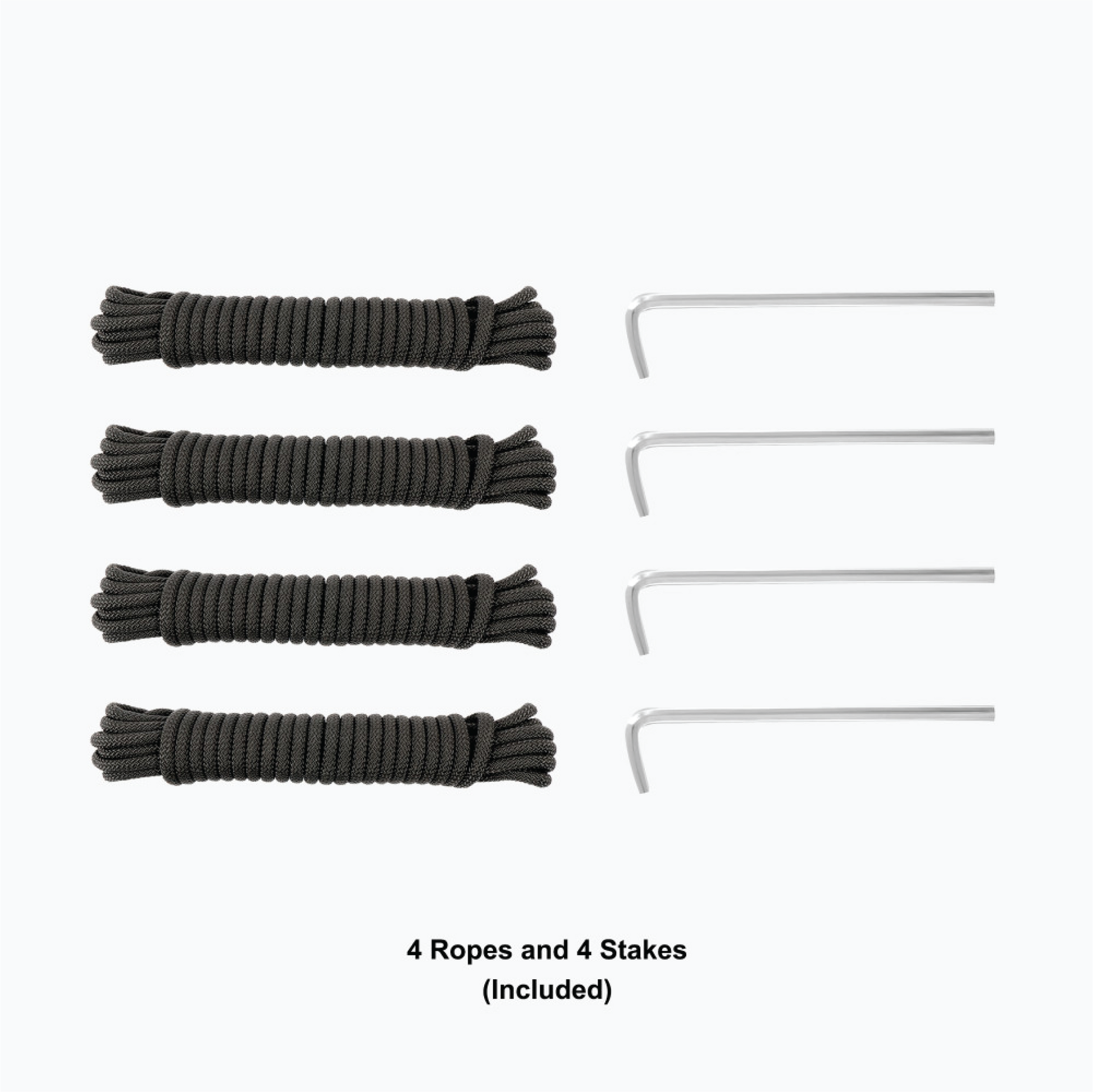 Four black paracord ropes and four silver metal stakes arranged vertically on a white background, with the text '4 Ropes and 4 Stakes (Included)' below.