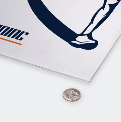Close-up shot of a corrugated plastic yard sign with a quarter to illustrate the rigid fluted coroplast material thickness.⁠