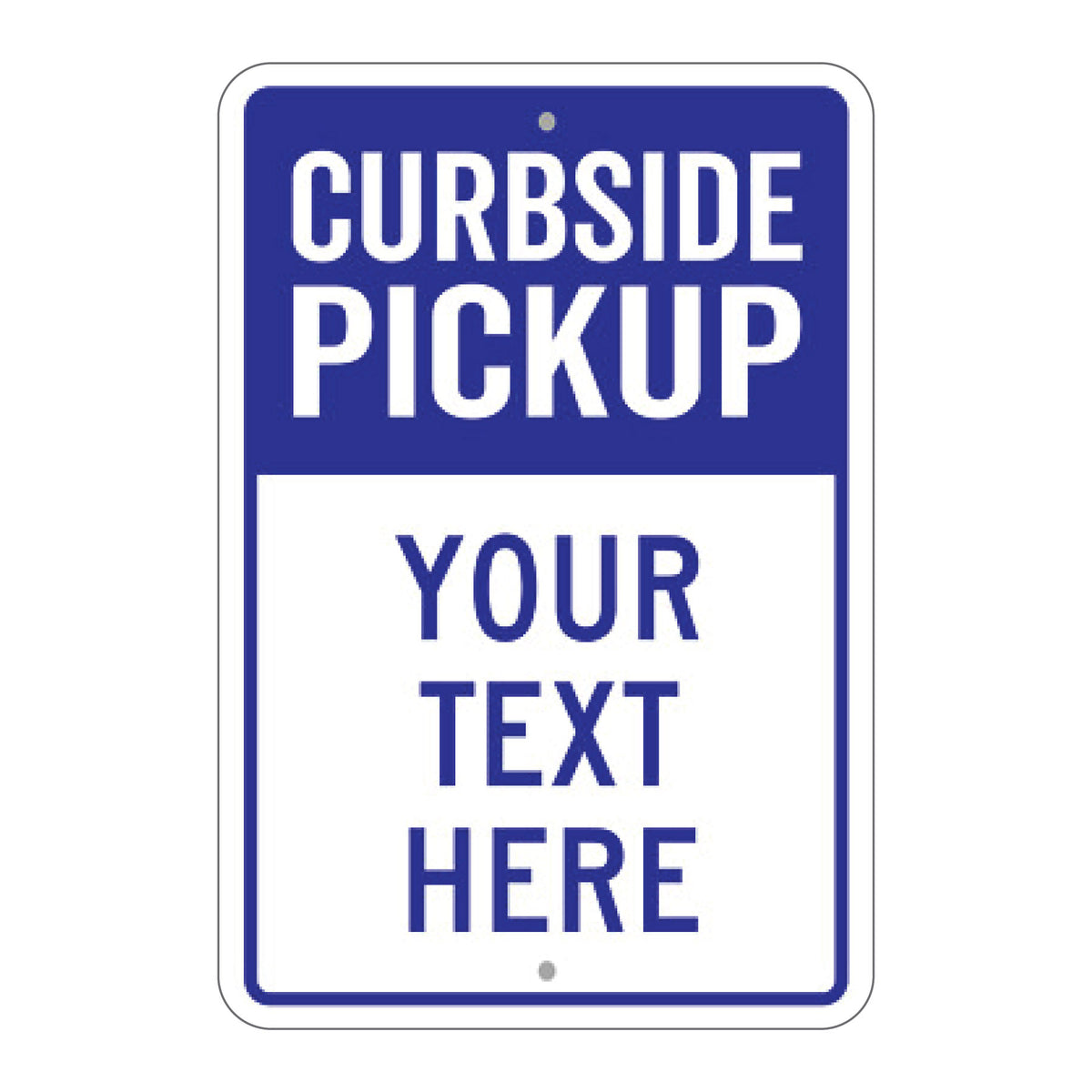 Curbside pickup parking sign with blue and white design and designated message area for restaurant takeout, retail orders, and customer pickup locations.