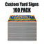 A stack of custom yard signs with a colorful autumn-themed fall community festival sign on top, shown below the text 'Custom Yard Signs 100 PACK' on a plain white background.
