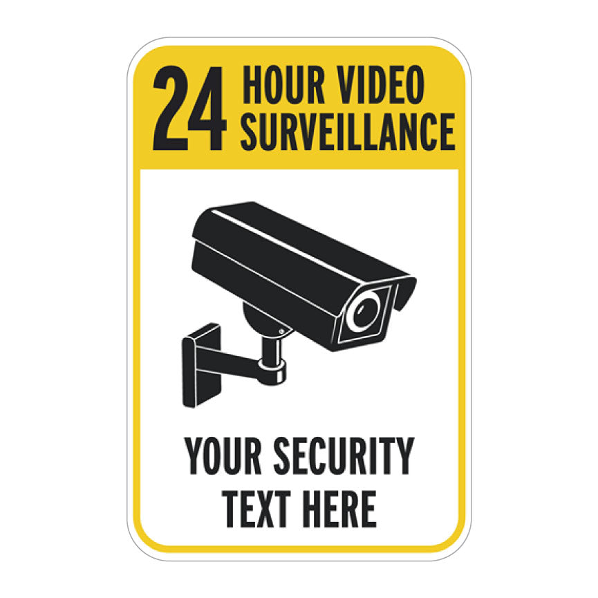 Custom 24 Hour Video Surveillance Yellow Warning Sign with Security Camera Graphic