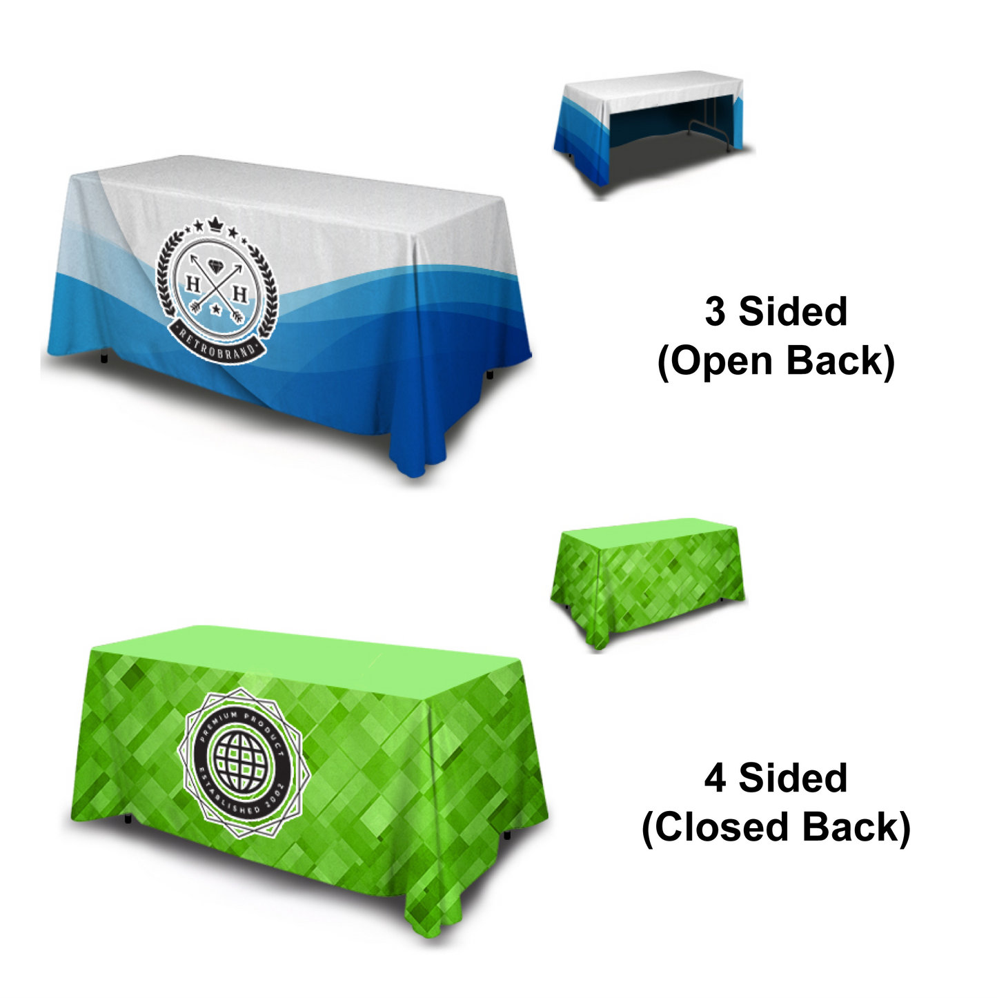 Diagram showing the difference between a 3-sided open back and 4-sided closed back custom table throw.