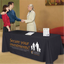 Black custom 6-foot table throw with gold and white logo used at a corporate networking seminar.