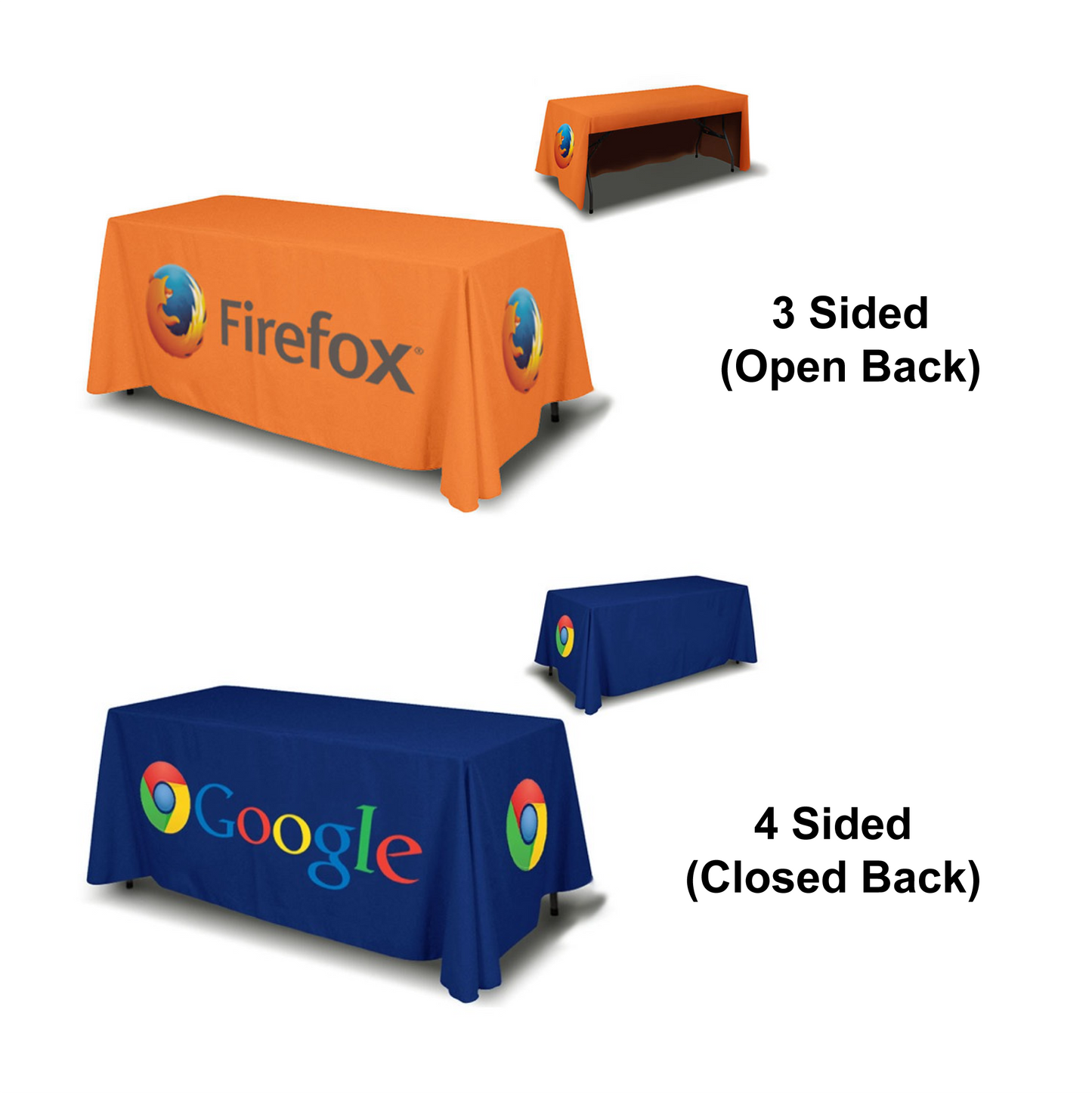 Comparison of 3-sided open back and 4-sided closed back custom 6ft table covers in orange and blue.