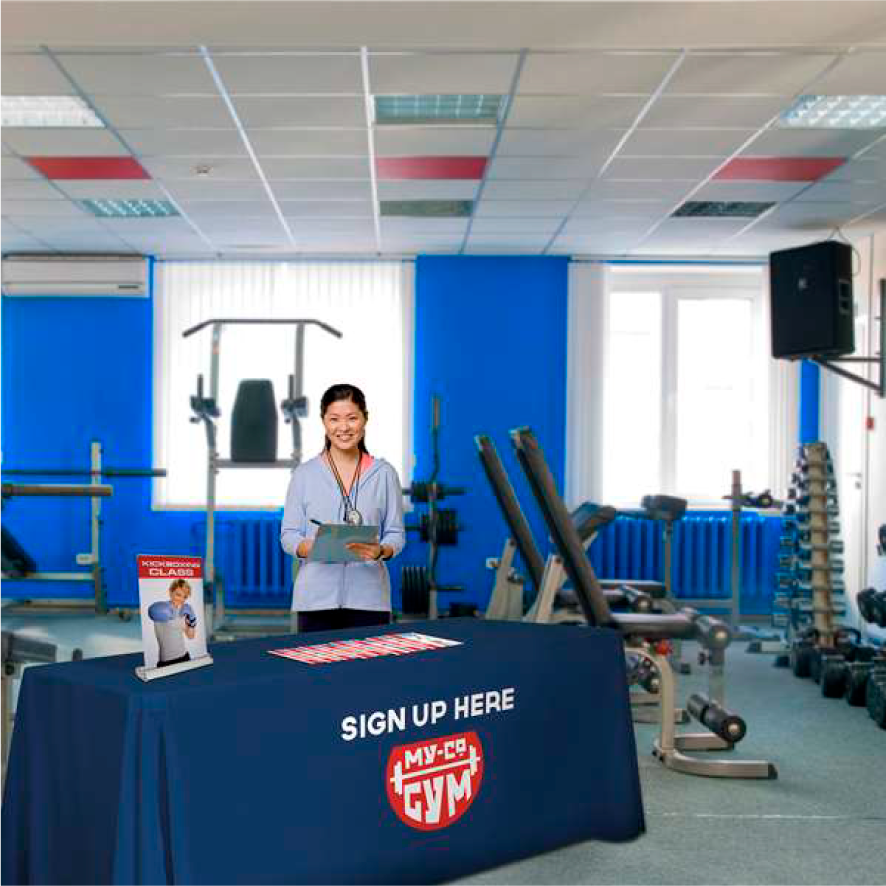 Blue 6-foot custom table throw with "Sign Up Here" logo for registration and facility events.