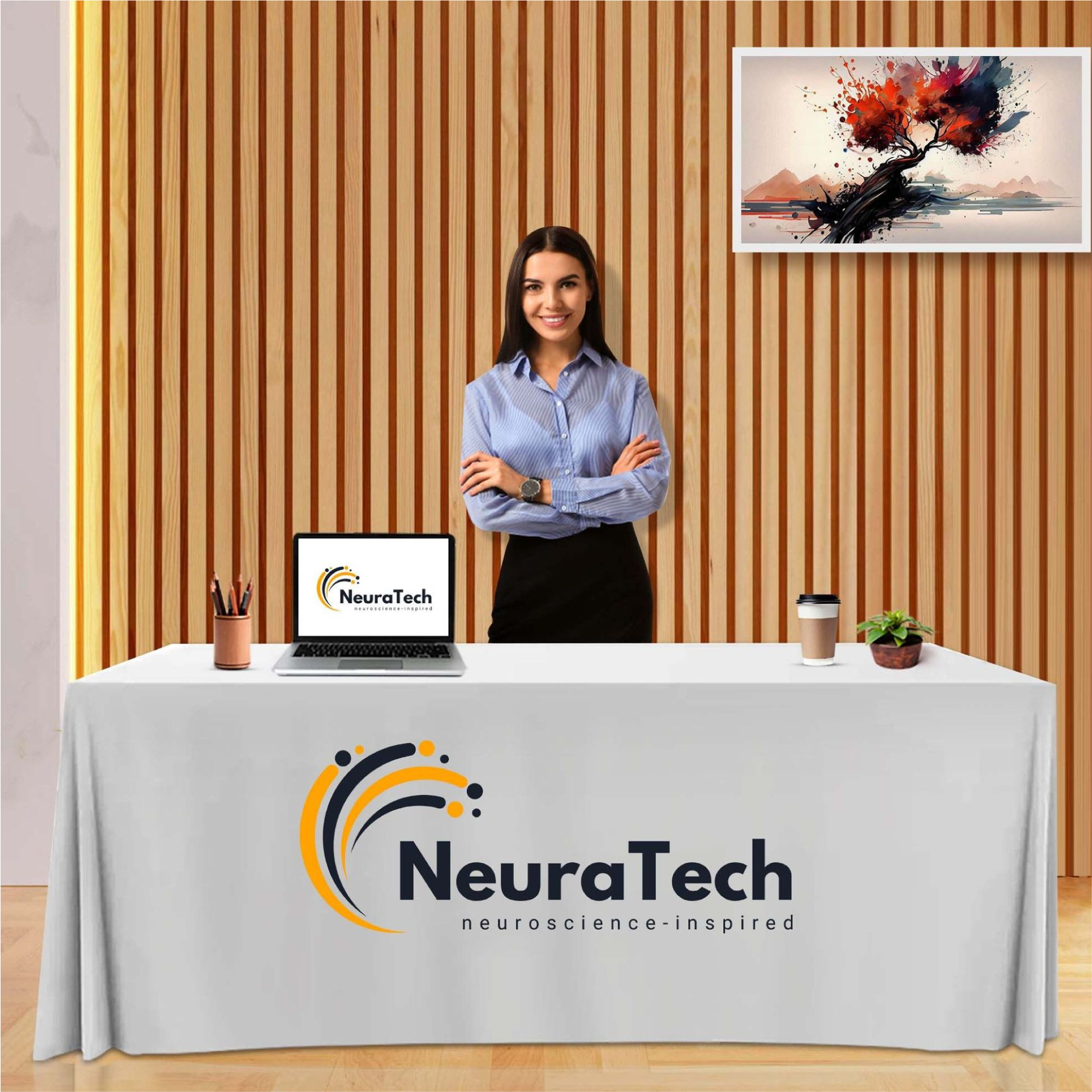Custom white 6-foot table throw with black business logo for professional indoor events.