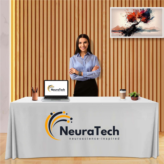 Custom white 6-foot table throw with black business logo for professional indoor events.