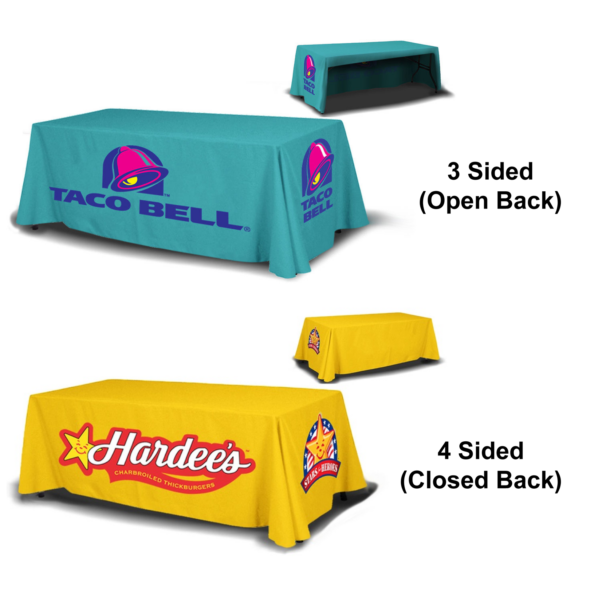 Comparison of 3-sided open back and 4-sided closed back 8-foot custom table throws.