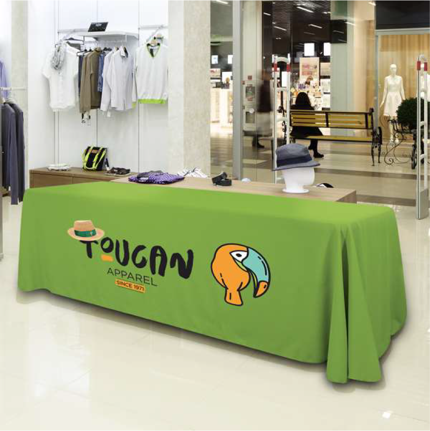 Extra large green 8-foot table throw with custom business logo for professional exhibition booths.