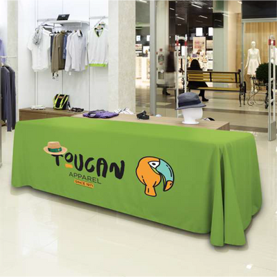 Extra large green 8-foot table throw with custom business logo for professional exhibition booths.