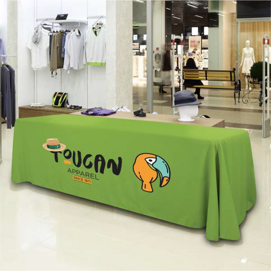 Extra large green 8-foot table throw with custom business logo for professional exhibition booths.