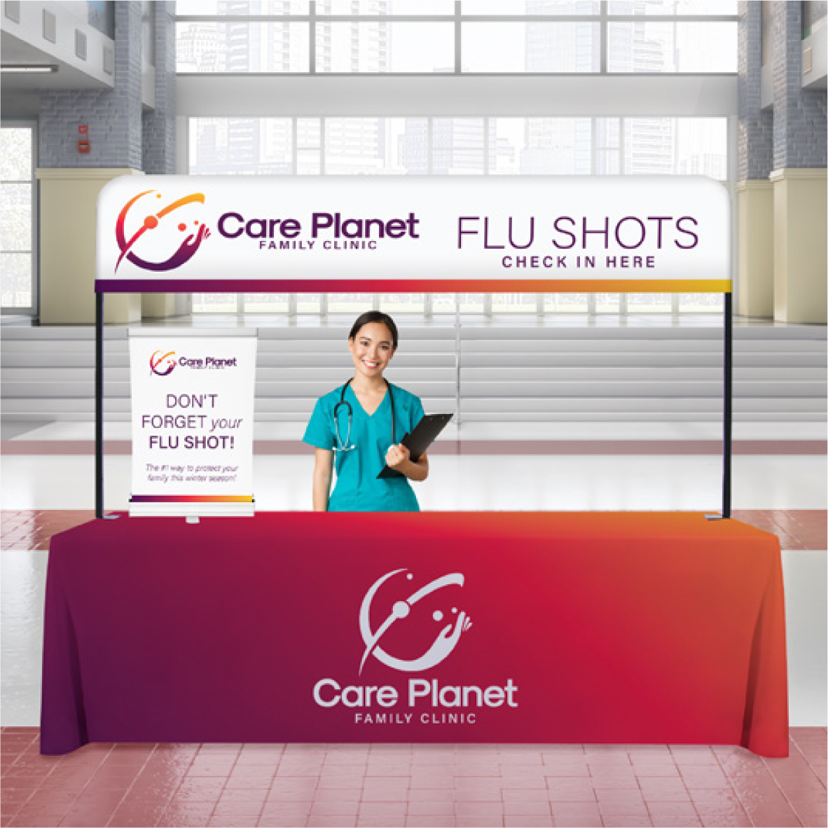 Professional red gradient 8-foot custom table throw used for a healthcare clinic event display.