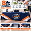 Promotional graphic displaying an 8ft custom table throw with full-color print, featuring front, 3-sided, and 4-sided style options.