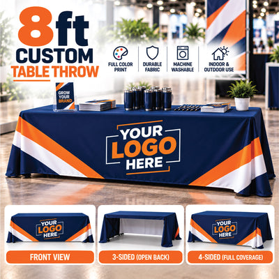 Promotional graphic displaying an 8ft custom table throw with full-color print, featuring front, 3-sided, and 4-sided style options.