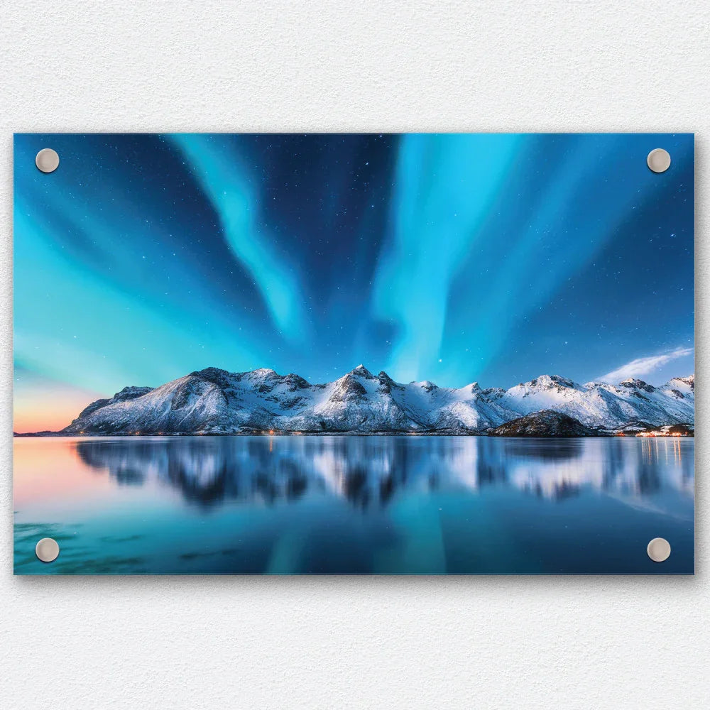 High gloss acrylic wall art print featuring a blue nature landscape scene.