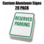 Bulk 20 pack of custom green and white reserved parking aluminum signs for business lots.